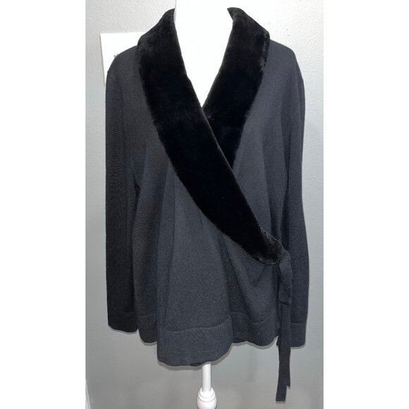 LAFAYETTE 148 100% Cashmere Black Wrap Cardigan Sweater, Faux Fur Collar, Sz 1X - Picture 1 of 14